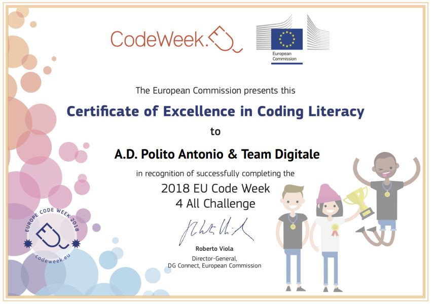 Certificato eccellenza Codeweek 2018